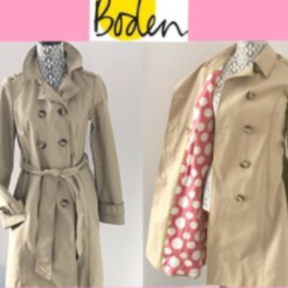Boden Trench Coat Cotton khaki Pink White Dots